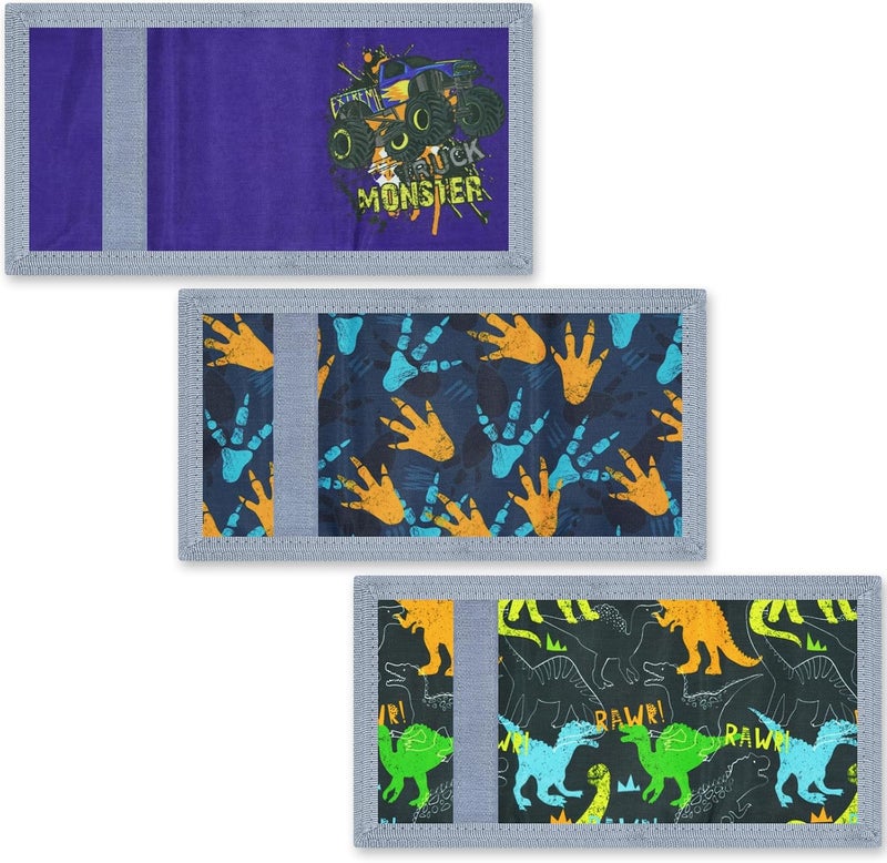 Sundee 3 Packs Kids Wallet Bulk, Mini Trifold Coin Purse Cartoon Wallet, RFID Blocking Wallet, Front Pocket Wallet with Zipper for Kids, Canvas Outdoor Sports Wallets with Magic Sticker - Dinosaur 3 - Image 3